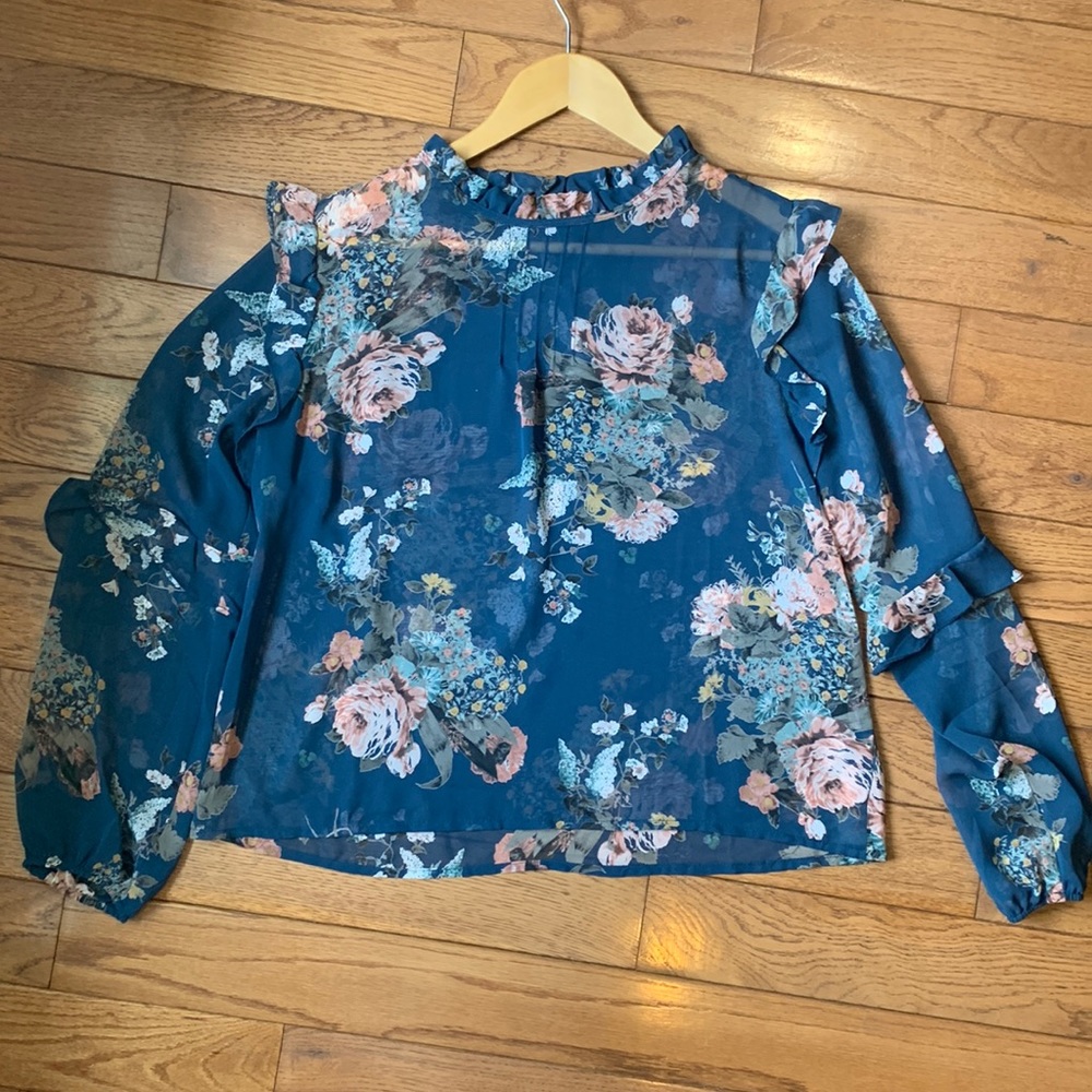 Sweet Rain Sheer Teal Floral Ruffle Long Sleeve Blouse